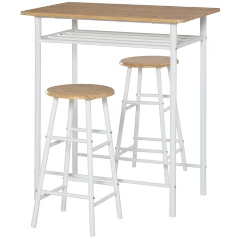 Bar Table Set, Bar Table and Stools Set, Footrest and Storage Shelf, for Kitchen, Dining Room, Pub, Cafe, White and Oak