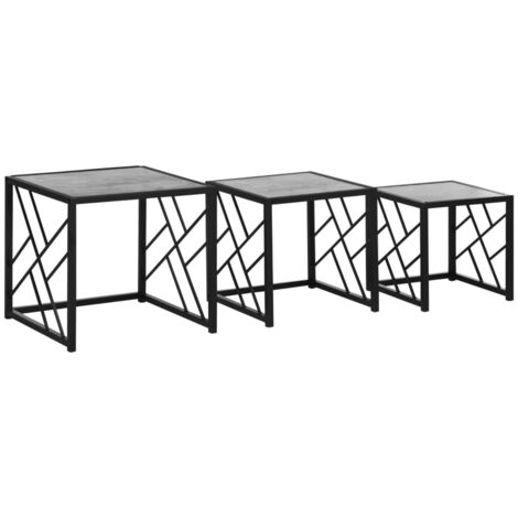 Nesting Coffee Tables, Set of 3 Square Side Tables with Black Metal Frame, for Living Room, Bedroom and Office, Grey (1/5)