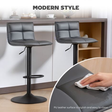 Set of Two Modern Faux Leather Bar Stools - Dark Grey