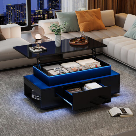Lift-Top Coffee Table, Highgloss Centre Table with 1 drawers & LED lights, Hidden storage space, Lifting Sofa Side Table, Space-saving End Table,Tea Table,for livingroom, office, 964540m, black