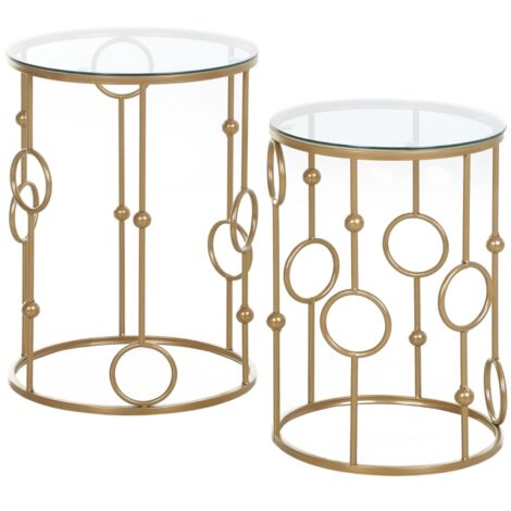 Round Coffee Tables Set of 2, Gold Nesting Side End Tables with Tempered Glass Top, Steel Frame for Living Room, Gold