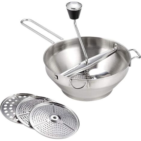 Prensa manual de verduras de acero inoxidable, picadora de verduras, picadora de patatas para licuar verduras, frutas y sopas, con 3 rejillas diferentes, colador y exprimidor de cítricos. (1/4)
