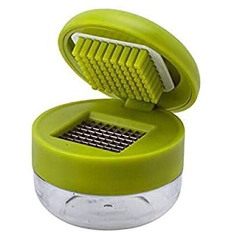 Prensa y cortador de ajos con recipiente para guardarlos, hoja de acero inoxidable verde. (1/4)