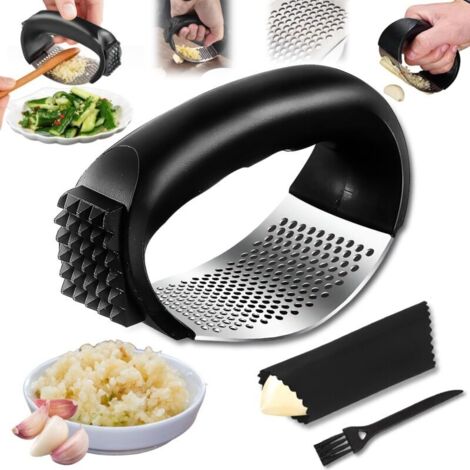 Prensa de ajo mecedora, prensa de ajo de acero inoxidable, prensa de ajo multifuncional con pelador de silicona y cepillo de limpieza, apto para lavavajillas, ideal para ajo, jengibre, etc. (1/4)