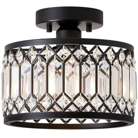 Lampadario di cristallo, plafoniera nera con paralume in cristallo, attacco E27, lampada moderna per soggiorno, camera da letto, cucina, corridoio, sala da pranzo (1 luce) (1/4)