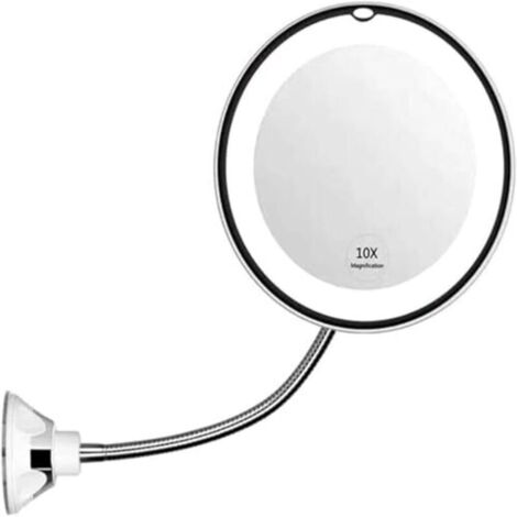 Specchio per il trucco con luce LED, specchio ingranditore 10x con 14 LED, collo d'oca a 360° e ventosa, specchio cosmetico pieghevole flessibile per viaggi e bagno, bianco/argento