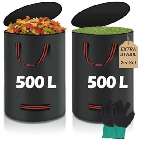 Sacchi da giardino da 500 litri, sacchi per foglie, sacchi per rifiuti verdi, robusti con coperchio e guanto inclusi - Sacchi grandi, resistenti agli strappi e impermeabili per rifiuti da giardino e r (1/4)