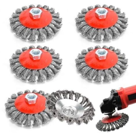 Set di 6 spazzole metalliche per smerigliatrice angolare, accessori per smerigliatrice angolare M14, spazzola metallica flessibile da 125 mm per trapano/avvitatore a batteria (levigatura, rimozione de (1/4)