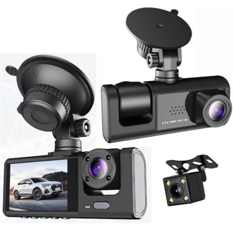 Dash cam anteriore/interna e posteriore, 3 obiettivi grandangolari, scheda TF da 32 GB, dash cam HD 1080p, con visione notturna, monitoraggio del parcheggio 24 ore su 24, registrazione in loop, WDR, c (1/4)