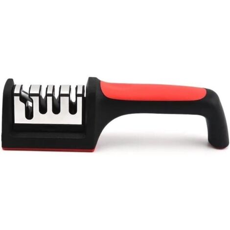 Affilacoltelli professionale 4 in 1 in acciaio inox per coltelli da cucina - Affilacoltelli ergonomico e facile da usare con 4 fessure di affilatura (rosso e nero) (1/4)