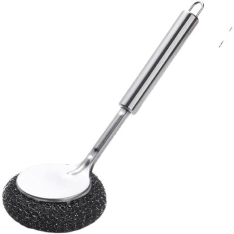 Spazzola per pentole in acciaio inox con manico lungo - Spazzola per la pulizia delle pentole - Spazzola decontaminante con manico a sfera in filo metallico - 1 manico lungo in acciaio inox + 1 testin (1/3)