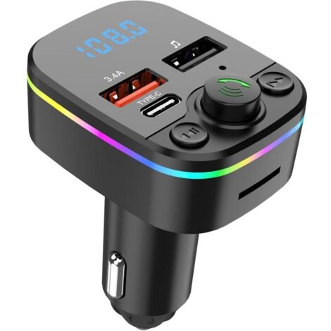 Trasmettitore FM Bluetooth per auto, lettore MP3 con due porte USB Type-C da 3,4 A, illuminazione ambientale, modulatore veloce e colorato, caricabatterie e adattatore per accendisigari. Funzione viva (1/4)