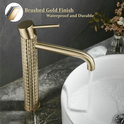 Rubinetto per bagno in oro spazzolato - Miscelatore per lavabo alto - Rubinetto per lavabo in oro - Rubinetto per lavabo da appoggio in ottone (1/4)