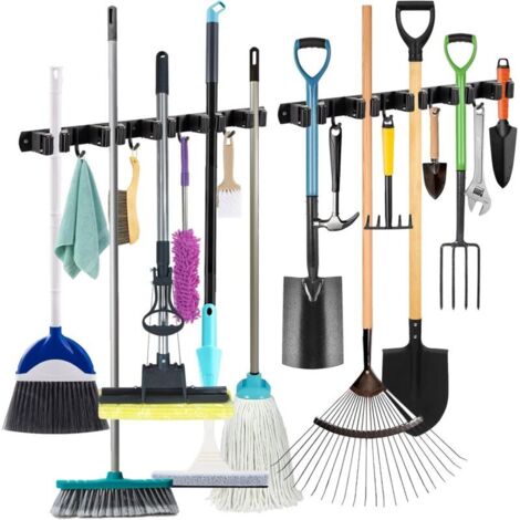 Portascope da parete 2 pezzi, 5 portascope da parete e 4 ganci, nero, portascope con montaggio tramite foratura o adesivo per bagno, garage, attrezzi da giardinaggio, cucina (1/4)
