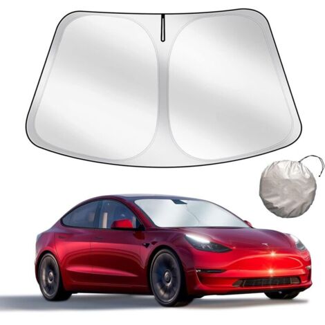 Parasole pieghevole per Tesla Model 3/Y (aggiornamento 2025) – Parabrezza anteriore, tessuto opaco a doppio strato, con borsa portaoggetti – Accessorio per Tesla Model 3/Y 2019-2025