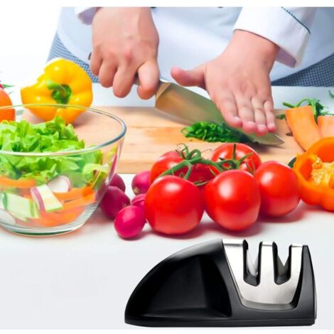 Affilacoltelli da cucina professionale 2 in 1, affilacoltelli manuale per coltelli in acciaio inox e ceramica di tutte le dimensioni, base antiscivolo, nero (1/4)
