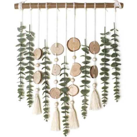 Decorazione murale artificiale in eucalipto con foglie e steli verdi finti, piante sospese su un bastoncino di legno da 43 cm, stile rustico bohémien, per camera da letto, cucina, sala da pranzo o sog (1/4)