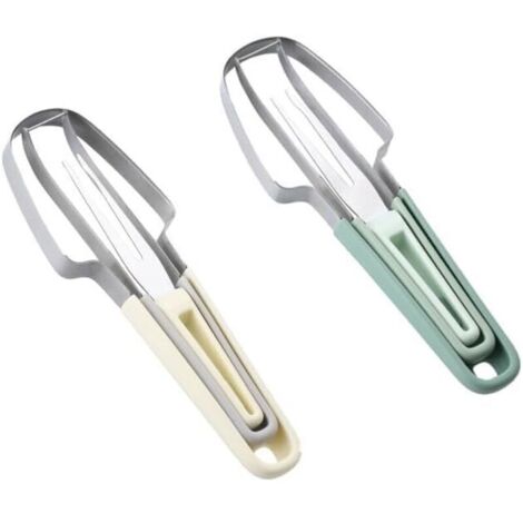 2 forchette tre in uno per tagliare l'anguria, realizzate in acciaio inossidabile, con funzione mulino a vento. Utensile per tagliare l'anguria per uso domestico. (1/4)