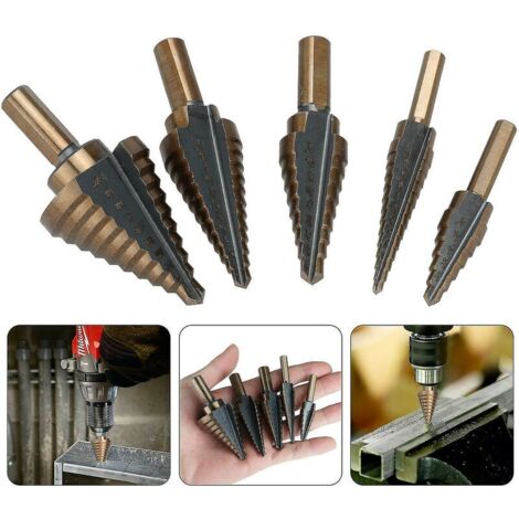 Set di 5 punte per trapano a gradini in metallo, 5-35 mm HSS titanio conico triangolare in metallo per acciaio, legno, ottone, alluminio, PVC (1/3)
