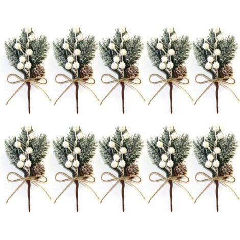 Set di 10 piccoli steli di bacche natalizie bianche artificiali da 15 cm con pigne, agrifoglio, fiori natalizi per ghirlande natalizie, decorazione di vasi da interno