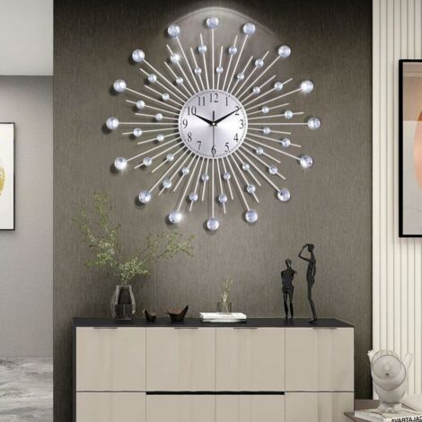 Orologio da parete gigante in argento con strass, orologio da parete silenzioso in metallo, decorazione in stile nordico moderno, design creativo per soggiorno, camera da letto, bar, 56 cm (1/4)