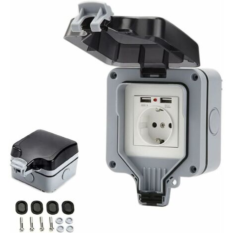 Presa impermeabile IP66 con porte USB, presa elettrica per esterni con coperchio, scatola per prese a muro per giardino, garage, piscina (1/4)