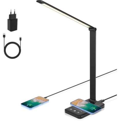 Lampada da scrivania a LED, lampada da tavolo dimmerabile con ricarica wireless, 7,5 W e porta di ricarica USB, lampada da lettura per la protezione degli occhi, 5 livelli di luminosità, 5 colori [cla