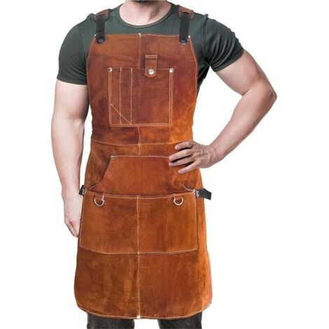 Grembiule da saldatore professionale in pelle da uomo con 6 tasche. Grembiule da saldatura resistente e ignifugo per fabbri.