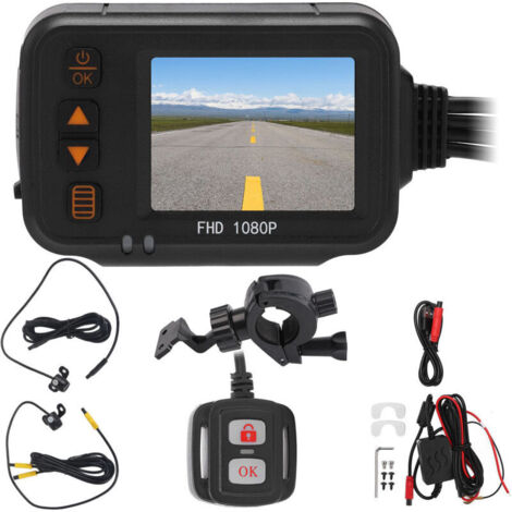 Videocamera da cruscotto per moto, schermo da 2 pollici, doppia fotocamera anteriore e posteriore, 1080P + 720P, multifunzionale, resistente alla pioggia.