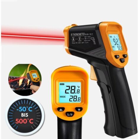 Termometro laser, termometro a infrarossi senza contatto da -50 °C a 500 °C con emissività regolabile, termometro per forno per pizza, per cucina/barbecue/termometro industriale per carne