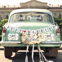 Set di 4 eleganti magneti decorativi per auto "Just Married" (30,5 x 19,5 cm), adesivo per finestrino auto "Just Married" (13,0 x 24,5 cm), decorazione per luna di miele "Just Married"