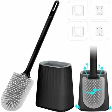 Toilettenbürste, Silikon-Toilettenbürste, Hänge-Toilettenbürste mit Schnelltrocknungshalterung, Silikon-Toilettenbürste mit Wand-/Bodenhalterung, Toilettenbürste fürs Badezimmer, Schwarz (1/4)