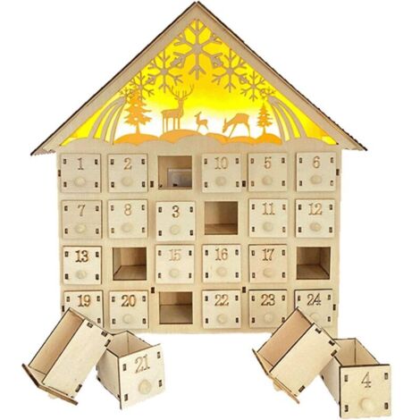 Adventskalender aus Holz mit LED-Beleuchtung, 24 Schubladen für Kinder, Weihnachtsdekoration, 25,3 x 6 x 29,5 cm (1/5)