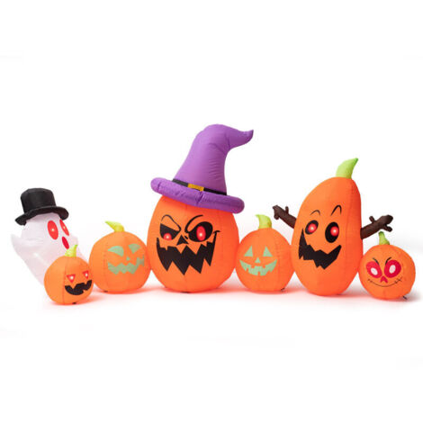 Aufblasbarer Halloween-Kürbis (2,40 m lang). Mit Hexen- und Geisterhut. Integrierte LED-Beleuchtung. Geeignet für die Dekoration im Innen- und Außenbereich. (1/4)