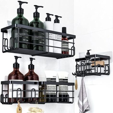 Selbstklebendes Duschregal (schwarz, 3-in-1) ohne Bohren – Halter für Shampoo und Duschzubehör ohne Bohren – Selbstklebende Badezimmerregale – Halter für Badezimmerreiniger (1/4)
