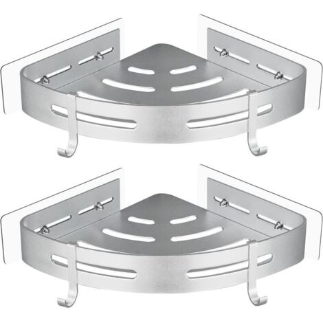 Eckduschablage aus Metall, kein Bohren erforderlich, 2-teilig, mit 2 Duschhaken, rostfreier, selbstklebender Halter für Badezimmerutensilien (silber) (1/4)