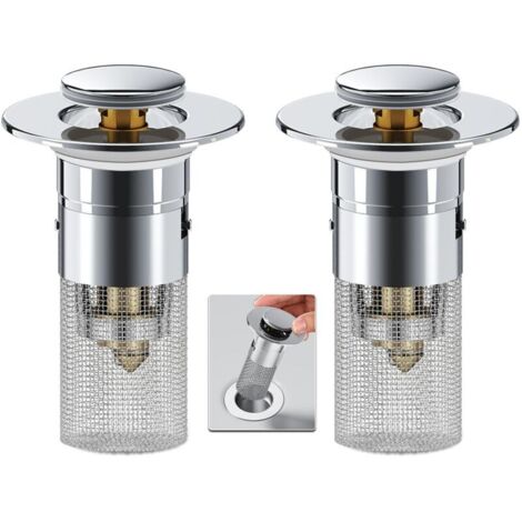 Set aus 2 Spülbeckenstöpseln mit integriertem Haarfilter, Sieb und ausziehbarem Filter mit herausnehmbarem Edelstahlkorb, zum Austausch amerikanischer Spülbeckenstöpsel. (1/4)