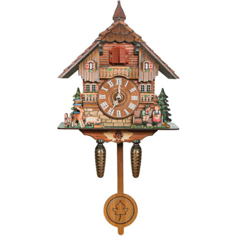 Holz-Kuckucksuhr mit Nachtmodus, singendem Vogel, europäischem Waldstil (1/4)
