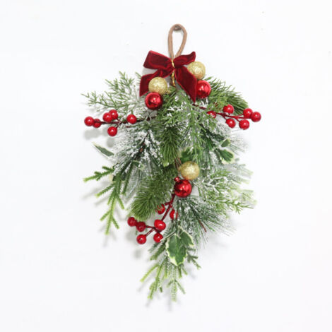 Weihnachtsschmuck-Anhänger – künstliche Kiefernzweige mit roter, fruchtförmiger Schleife, 2 Stück (1/4)