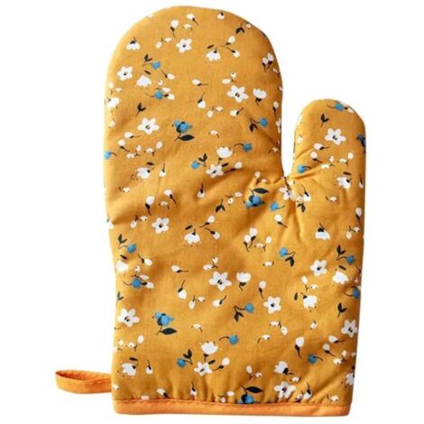 Set aus 2 abgewinkelten Ofenhandschuhen aus hitzebeständiger Baumwolle mit rutschfester und hitzebeständiger Beschichtung zum Kochen, Backen und Grillen (Gelb) (1/2)