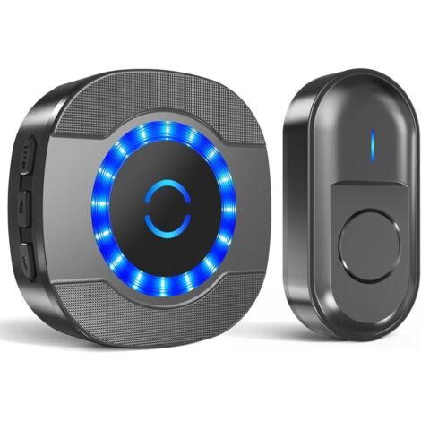 Wasserdichte, kabellose Außentürklingel, 300 m Reichweite, inklusive Steckdosenempfänger, elektronisches Gongset mit Batterie für Zuhause, blaue LED, 55 Melodien, 5 Lautstärkestufen, Schwarz (1/4)