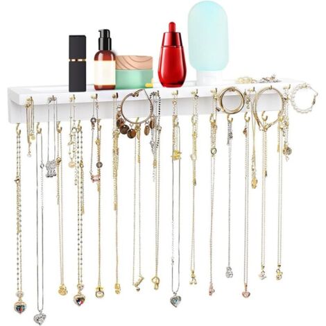 Halskettenhalter, verbesserter extra großer Wandorganizer mit 30 Haken, wandmontiertes Halskettenregal mit Schmuckablage/Kosmetikdisplay, rustikales Kiefernholzregal (weiß) (1/4)