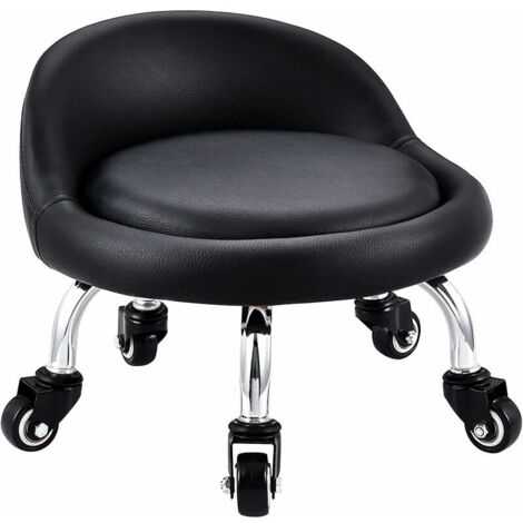 Niedriger Hocker mit Rollen, Mini-Rollhocker mit niedrigem Fuß, Rückenlehne aus Kunstleder, niedriger Metallsitz, 360° runde Lederbank mit 5 Rollen für Homeoffice oder Fitness (Schwarz) (1/4)