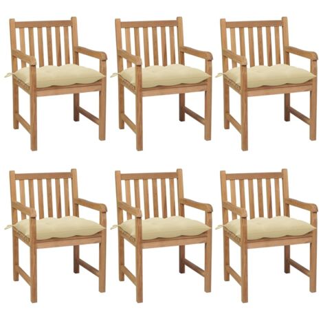 Gartenstühle 6 Stk. mit Cremeweißen Kissen Massivholz Teak (1/5)