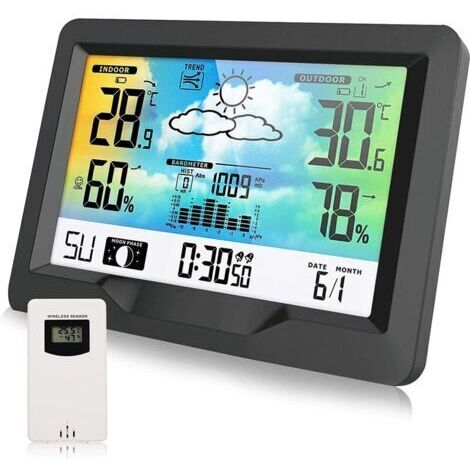 Station Météo sans Fil, Station Météo Radio avec Capteur Extérieur, Station Météo Radio Multifonction avec Humidité, Baromètre, Hygromètre, Prévisions Météo