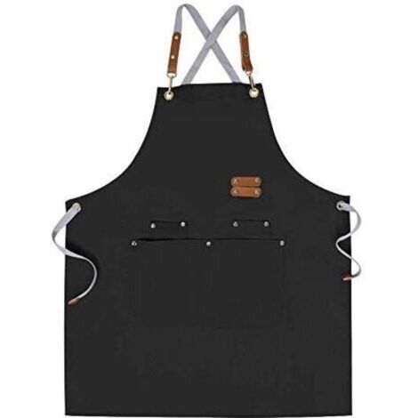 Tablier de Chef Tablier à Dos Croisé pour Hommes Femmes avec Bretelles Réglables et Grandes Poches, Toile, Noir (1/4)