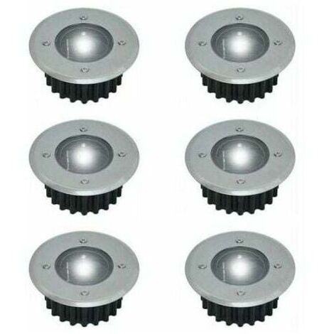 Lot de 6 spots LED solaires encastrables au sol - Ronds - Diamètre : 85 mm - Extérieur résistant au piétement - Façade en acier inoxydable - 6 lampes solaires (1/5)