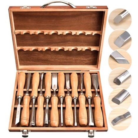 Lot de 12 ciseaux à main pour sculpture sur bois – Acier au carbone trempé – Poignée ergonomique – Boîte de rangement en bois