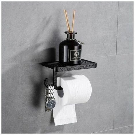 Porte Rouleau de Papier Toilette Hygiénique avec Etagère de Téléphone Portable Support Mural pour Salle de Bains Style Rétro Vintage (Noir) (1/4)
