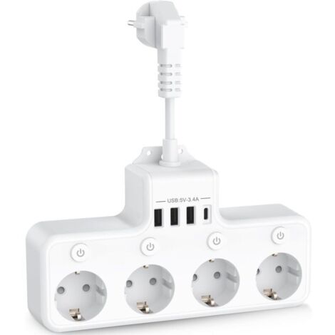 8 en 1 Multiprise USB 4 Prises avec 4 Ports USB Chargeur de Voyage (5V/3A,5V/2.4A) Multi Prise Multiple Electrique 3680W 16A avec 4 Interrupteur Individuel Multiple pour Maison, Bureau-Blanc